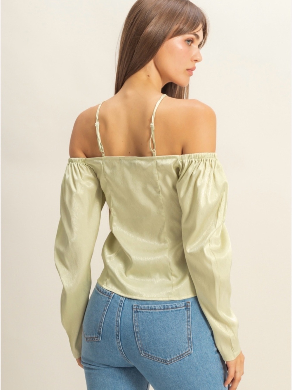 NWT Ruched Sage Green Off-Shoulder Tie-Front Blouse - Small - Picture 3 of 5